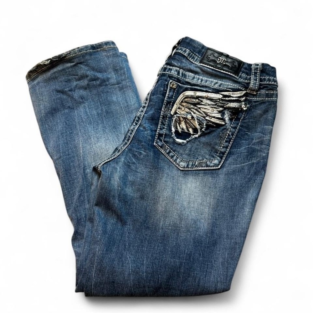 Miss Me Mid-Rise Easy Boot Denim Jeans Medium Wash Embellished Embroidered Sz 31